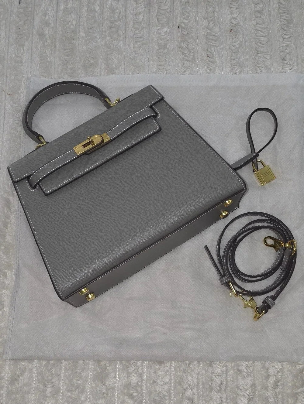 Gray Leather Top-Handle Bag with Gold Hardware
